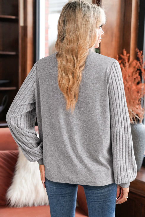 Lace Yoke Ribbed Balloon Sleeve Patchwork Top
